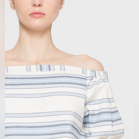 Lemlem Halima Crop Top Striped Off The Shoulder Linen/Cotton Off White/Blue SZ M - Picture 5 of 16